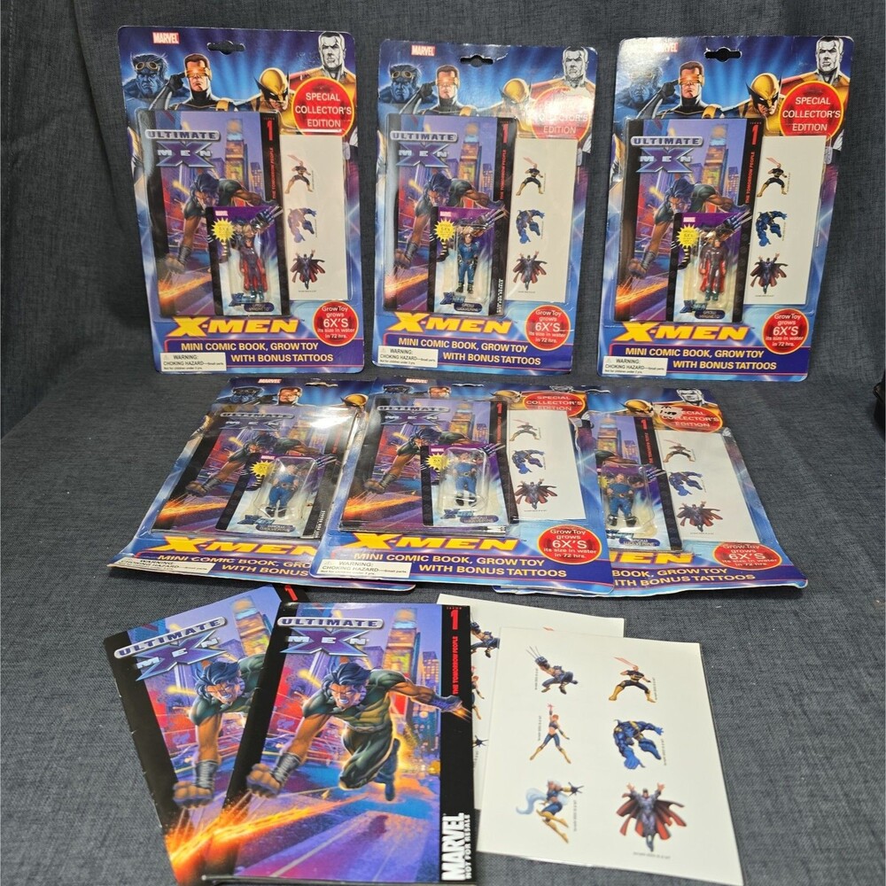 Lot Of Marvel X-Men Mini Comic Book Grow Toy Temp Tattoos Xmen Magneto